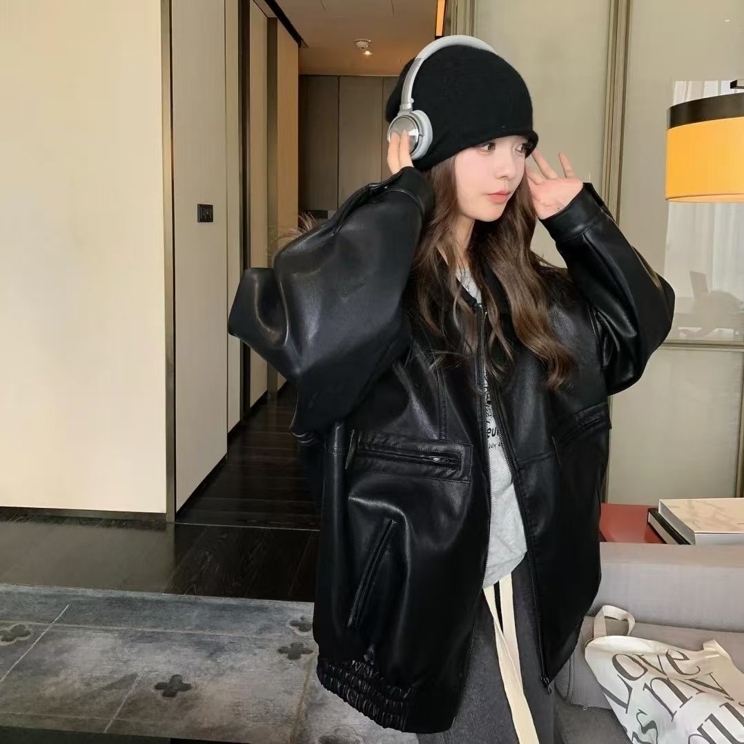 Women's Leather Jacket Spring and Autumn Hong Kong Style Black Pu Petite American Retro Biker Jacket Mid-Length Slimming