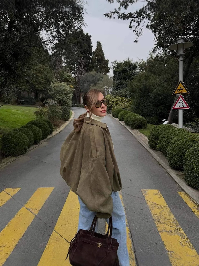 Bomber Jacket (ZA) Suede-Effect, Women's Spring Outerwear, Army Green, Oversized Fit