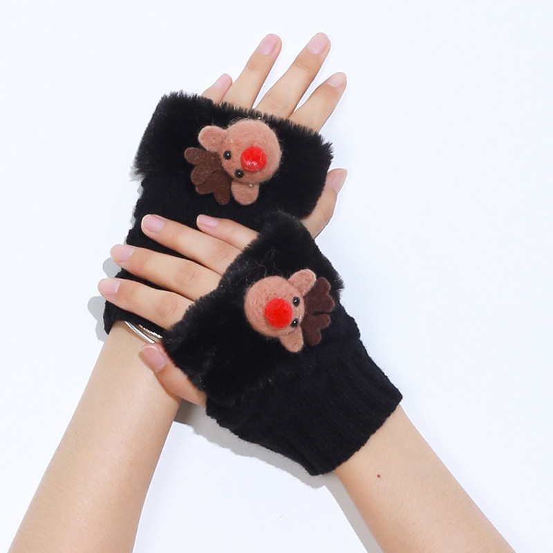 New knitted wool autumn and winter jacquard plaid bow Christmas warm half finger gloves wholesale_voghion.com