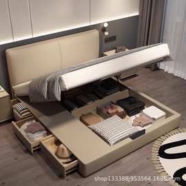 意式极简真皮床主卧室小户型储物收纳超薄床头现代简约双人