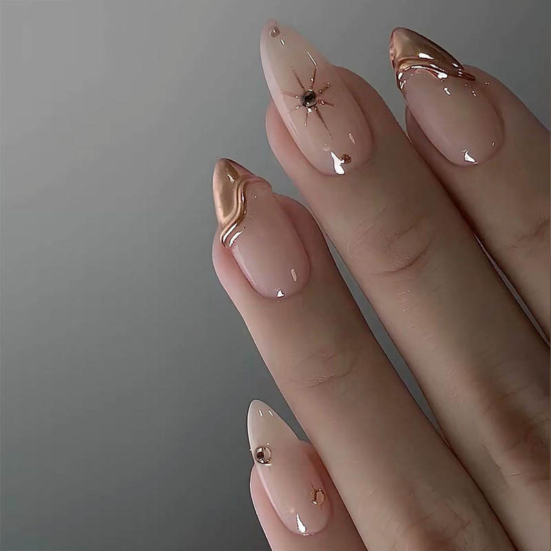 Popular Foreign Trade Wearable Nail Water Drop-Shaped French Rose Gold Nail Stickers Nude Pink Starburst Rhinestone Wearable Nail Pieces