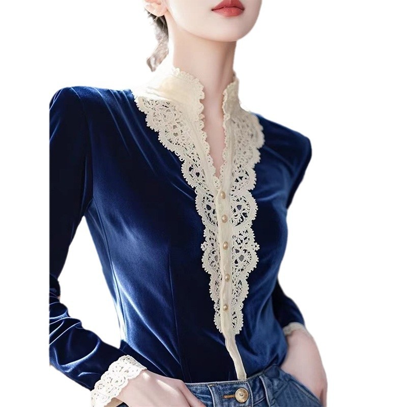 올해의 폭발 블루 레이스 벨벳 셔츠 여성의 2024 겨울 프랑스 독특한 아름다운 내베이스 탑