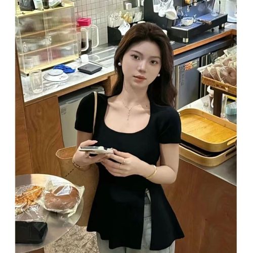 Large Size Fat Girl French Short Sleeve T-Shirt Women Summer New Design Fitted Concealer Trend Square Collar Top