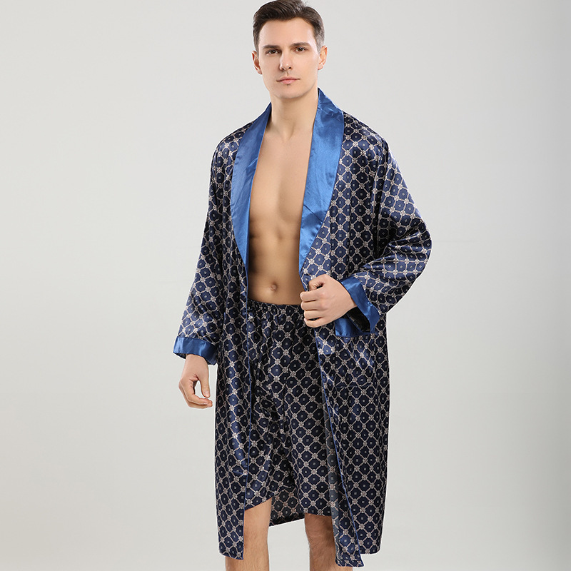 European Size Bathrobe Summer Men's Long-Sleeved Silk Nightgown Two-Piece Set Men's Thin Bathrobe Pajamas Men's Summer