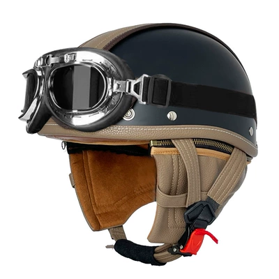 Motosiklet kaskı (dəbilqə) Cross-border Motorcycle Helmet Retro Half Helmet - matte-black-coffee-leather-silver-frame-mirror-s