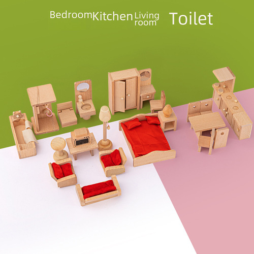 Wooden dollhouse playset miniature children's wooden block toy kit personalized creative kitchen dining table
