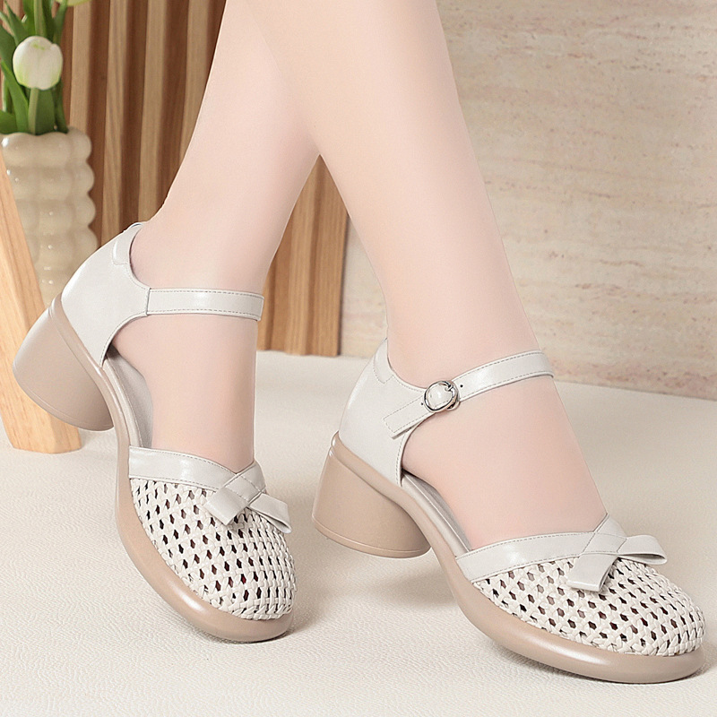Sandal hở mũi nữ quai ngang da thật đế dày — màu be
