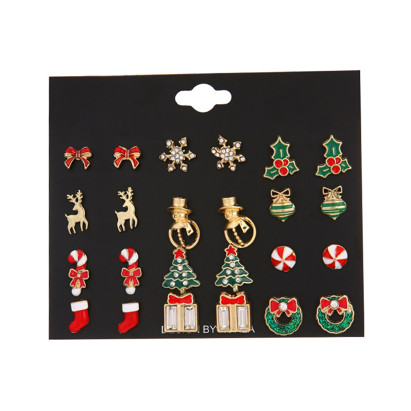 Cute Christmas Tree Christmas Socks Snowflake Alloy Enamel Plating Inlay Rhinestones Ear Studs 1 Set display picture 5