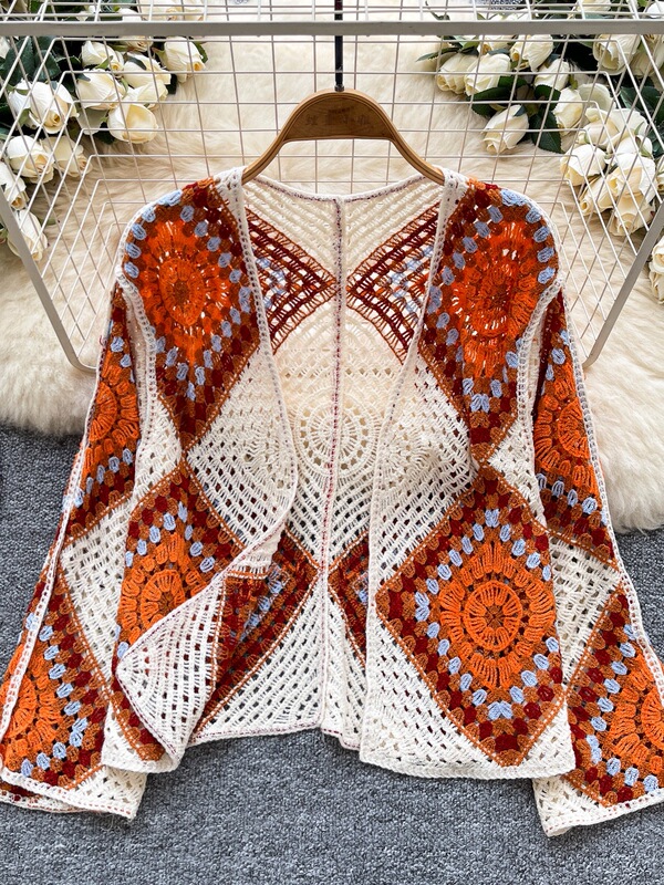 Bohemian Style Long-Sleeved Knitted Cardigan for Women in Summer, Hollow Crochet Loose Retro Distressed Design Elegant Top