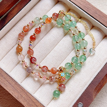 天然水晶珠宝 红胶花 绿草莓晶双圈抽拉式可调节手链原创设计手串