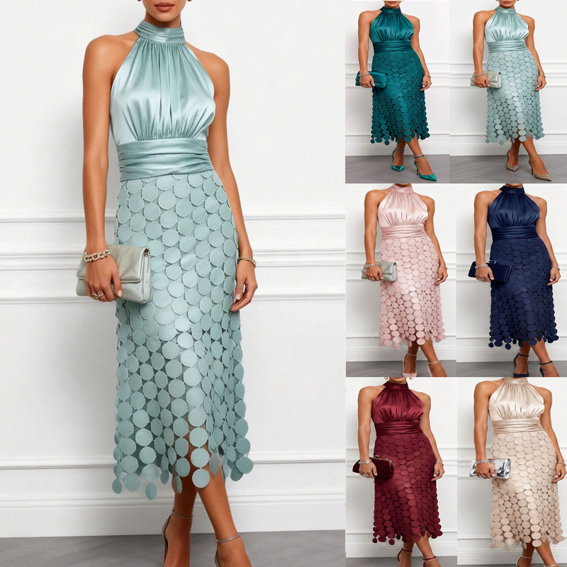2026 New Casual Ins European and American Style Sleeveless Dress Fashion Dress Spring and Summer Satin Vacation Cross-Border Patchwork