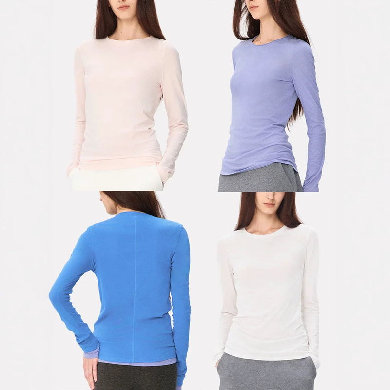 American-style minimalist Tencel round-neck soft rolled-hem long-sleeve T-shirt, a skin-friendly and slimming top for layering