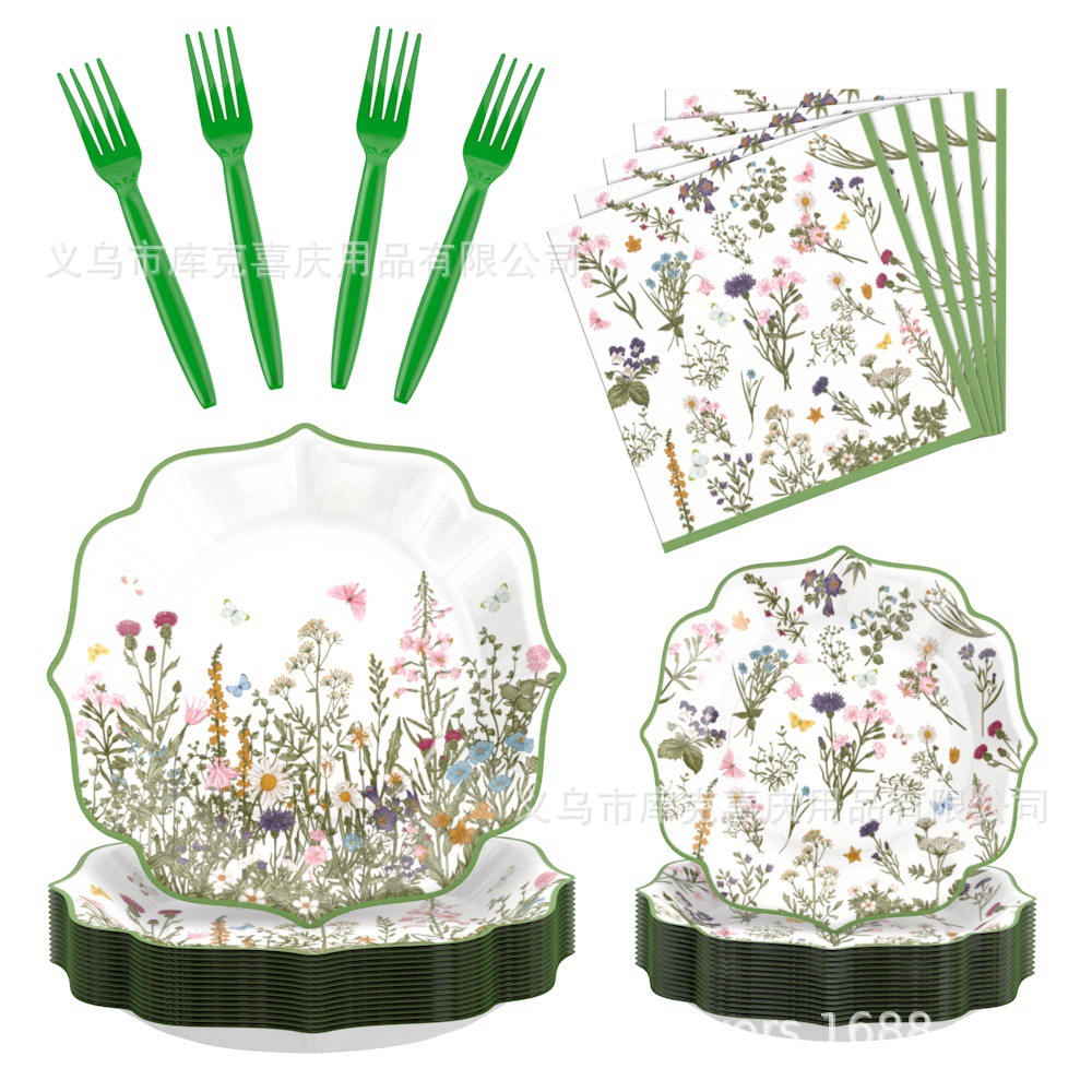 Nueva decoración de fiesta de flores silvestres retro encaje verde de primavera bandeja de papel desechable tazas de papel toallas de papel set de cubiertos