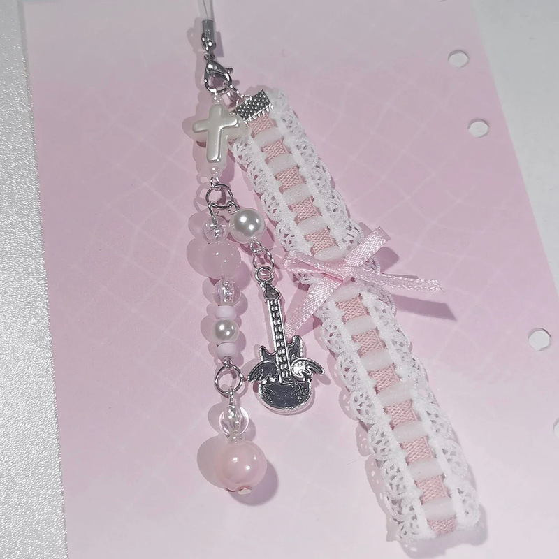 [Lace Guitar Bow] Hand-made Beaded Cute Girl Heart Niche Special Mobile Phone Chain Hanging Ornaments Bag Hanging Chain