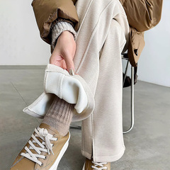 【2471】秋冬新作レディースストレートパンツ、ハイウエスト厚手レディースパンツ、ヘリンボーン柄プラスベルベットワイドパンツ