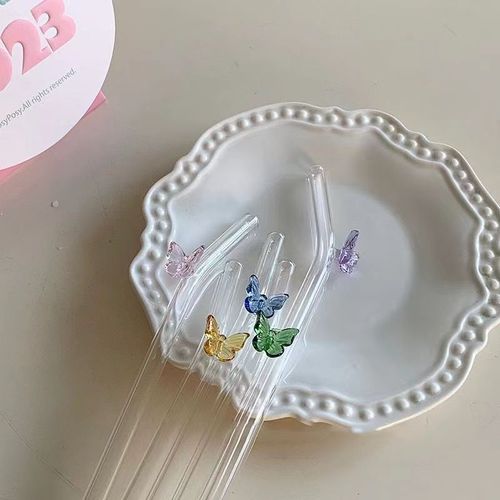 Transparent butterfly glass straw with Instagram-style curved head, juice and milk straw stirrer, simple and high-temperature resistant straw