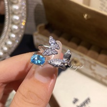 轻奢超仙蝴蝶泉边拉丝工艺蝴蝶翅膀水滴蓝托帕戒指双生蝶冷淡风女