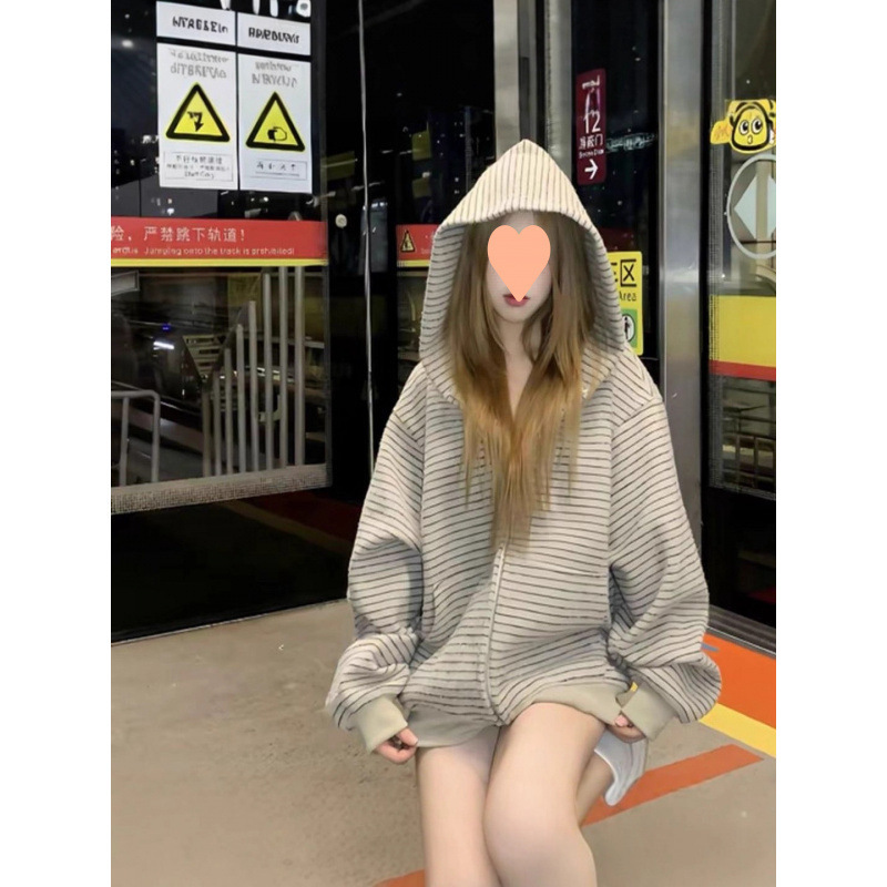 高级感条纹连帽休闲宽松美式卫衣女2025秋季新款别致上衣|undefined