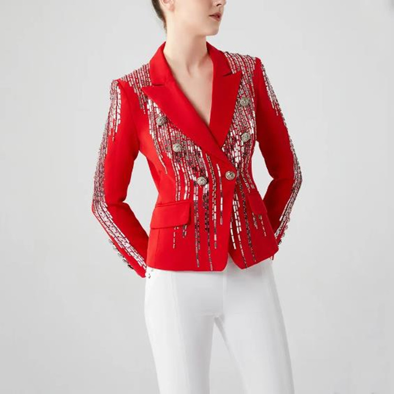 in stock European and American Cross-border Metal Sequin Heavy Industry Handmade Beads Autumn and Winter Double-breasted Light Luxury Jacket Jacket for Women