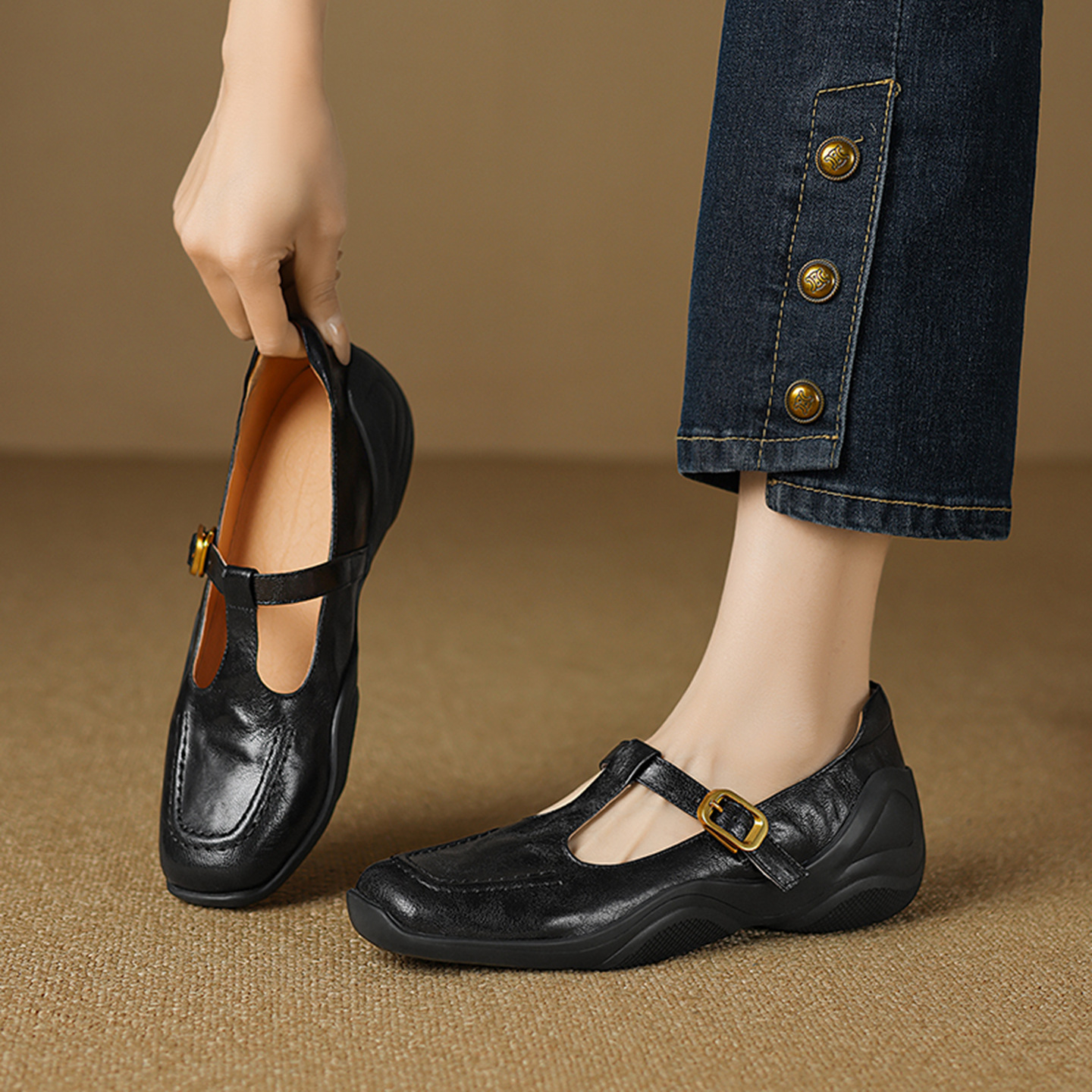 Giày sandal nữ quai ngang mũi nhọn đế dày da cừu buộc dây — màu nâu