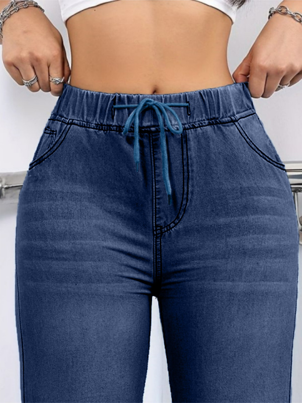 2025 外国貿易ヨーロッパとアメリカの AliExpress 女性の大きいサイズのジーンズ巾着弾性ベルト無地ウォッシュブルーカジュアル|undefined