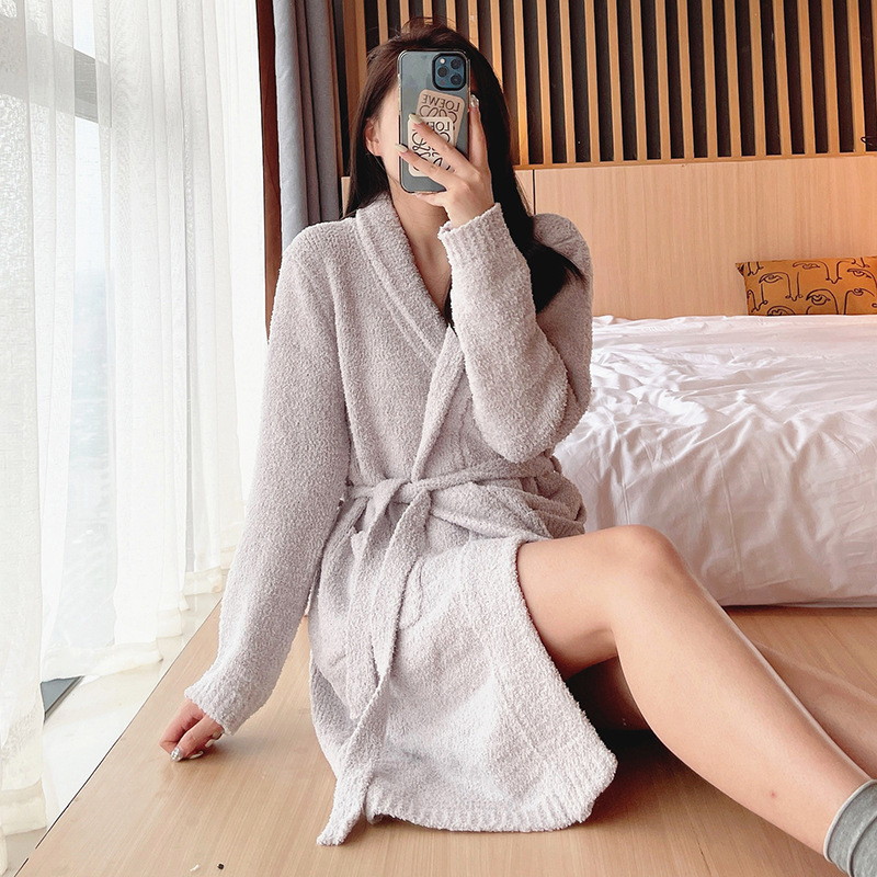 New Arrival Soft Nightgown Women's Autumn and Winter Warm Thickened Cardigan Mink Wool Knitted Home Clothes ins Pajamas