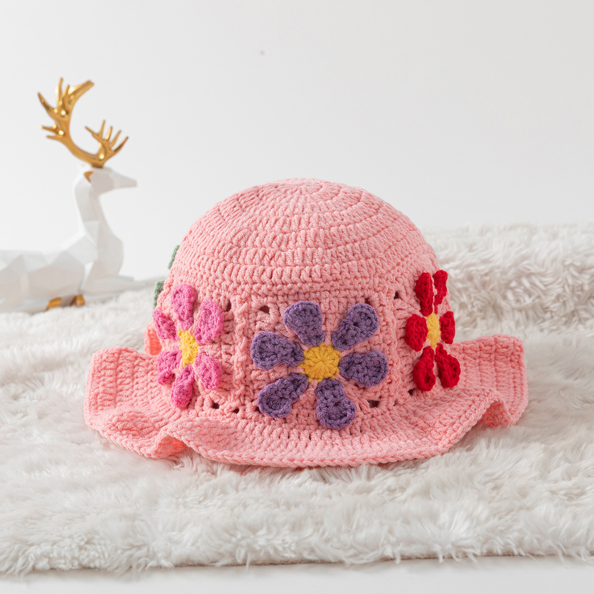 Spring, Autumn&Winter Season Women's Cute Simple Style Flower Crimping Wool Cap