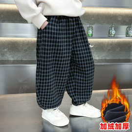 男童裤子加绒宝宝灯笼裤2025新款秋冬季童装格子裤韩版儿童哈伦裤
