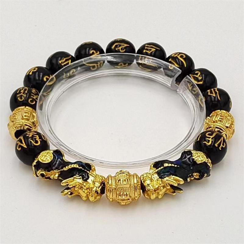 Imitación obsidiana pulsera chapada en oro mantra de seis palabras que preservan el color pulsera de cuentas de oro joyería de la suerte para los hombres