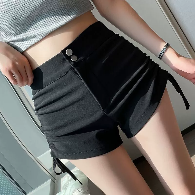 Black base shorts, elastic fitted trousers, plus size, drawstring, A-line