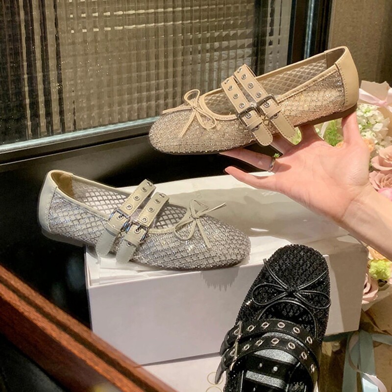 Sheepskin~Sparkling Hollow-Out Double-Buckle Ballet Shoes for Women, Breathable Mesh Bowknot Mary Jane Shoes, Shallow Slip-On Shoes Sheepskin~Sparkling Hollow-Out Double-Buckle Ballet Shoes for Women, Breathable Mesh Bowknot Mary Jane Shoes, Shallow Slip-On Shoes