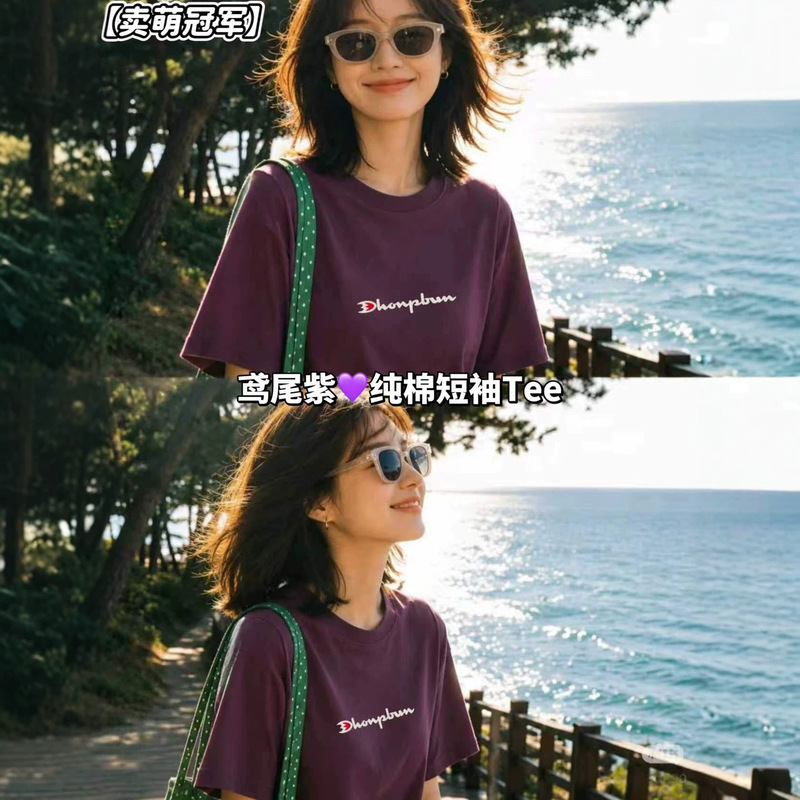 Cute Champion 2026 Summer Pure Cotton Short Sleeve Letter T-Shirt for Women, Simple and Versatile Loose Youthful Top