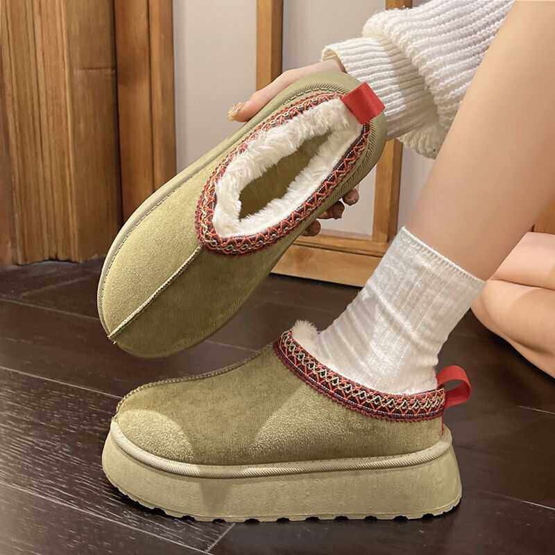 New Ethnic Style Snow Boots for Women in Winter, Fleece-Lined Warm Cotton Shoes, Toe-Toe Half-Fur Shoes, Retro Cotton Slippers for Outer Wear