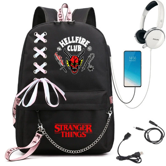 Рюкзак (Stranger Things) школьная сумка — USB-порт, железная цепь и лента, размер один