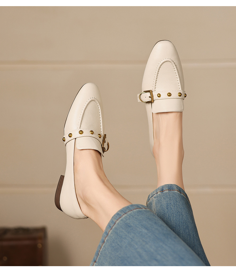 Giày da cừu loafer nữ mũi tròn gót thấp đinh tán — đen chi tiết 14