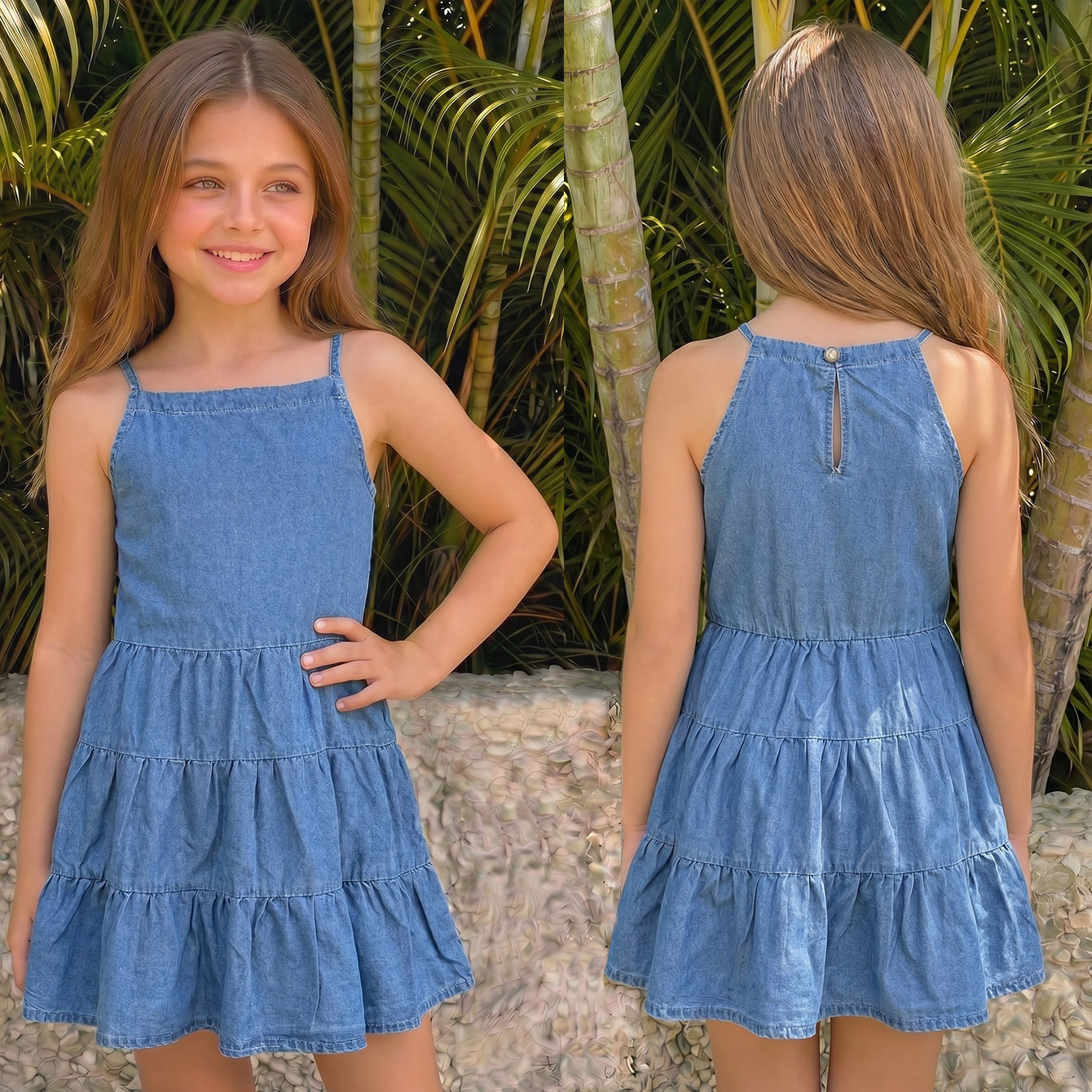 European and American cross-border foreign trade Amazon girls' suspender denim layered cake skirt patchwork loose-fitting dress for older children