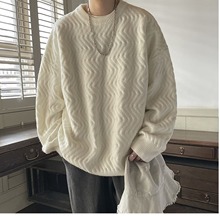 毛衣男秋冬韩版bf宽松圆领纹理针织衫港风简约潮流百搭打底毛线衣