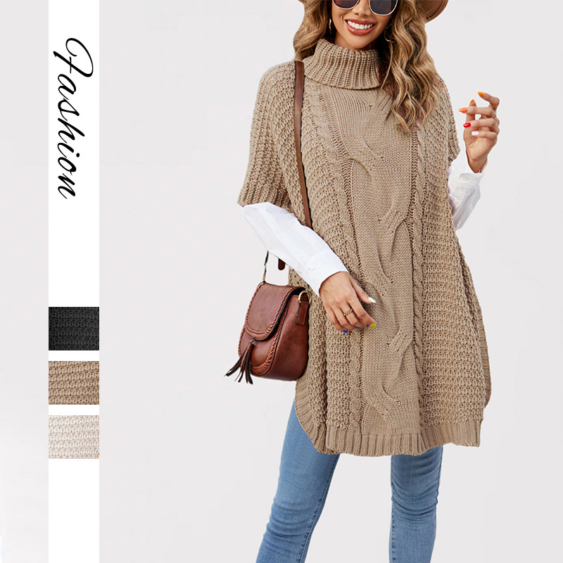 Suéter de punto trenzado de cuello alto para mujer, estilo chal, holgado, de media manga, novedad transfronteriza otoño-invierno 2026, para Amazon. image 3