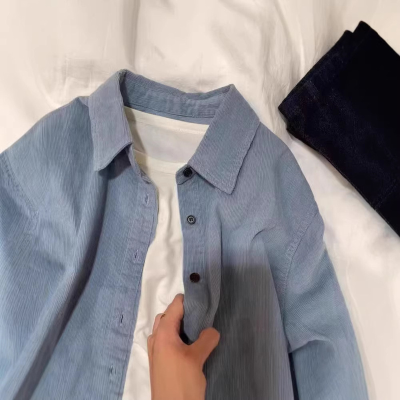 Corduroy Shirt for Women, Spring and Autumn, Retro French Style, Layered Inner Shirt, Loose Casual Long-Sleeve Top That Covers the Body
