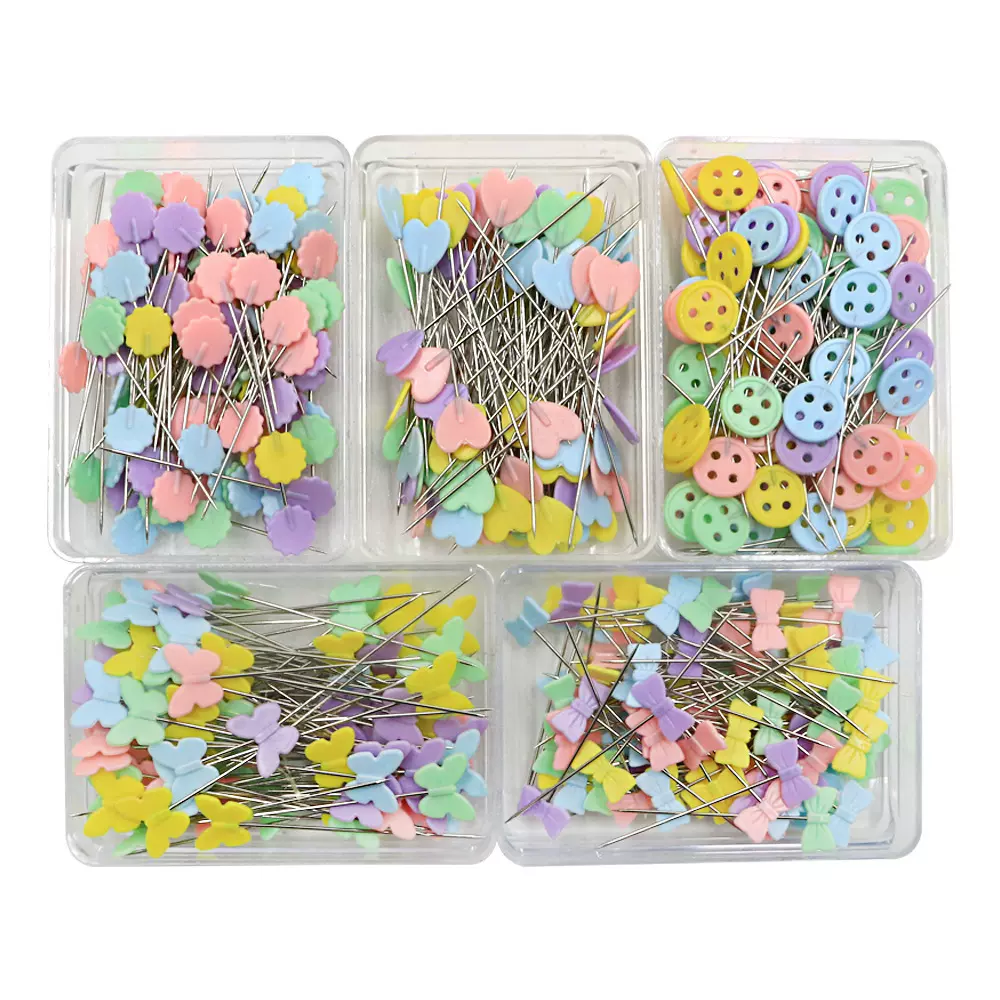 跨境50枚100枚梅花大头针定位针缝纫拼布工具蝴蝶爱心纽扣针花型