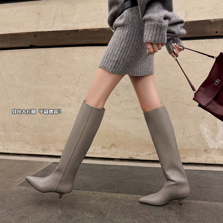 Live Broadcast Cat Heel Over-The-Knee Boots for Women 2025 Autumn and Winter New Pointed Toe Medium Heel Genuine Leather Knee Boots Knight Boots