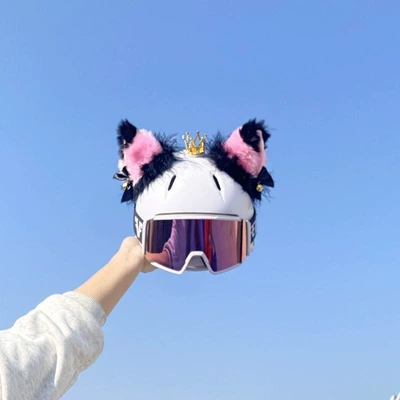 Motosiklet dəbilqələri blue plush cat ears for - no-helmet-pink-ears-black-tips-with-bell-black-feathers-golden-crown