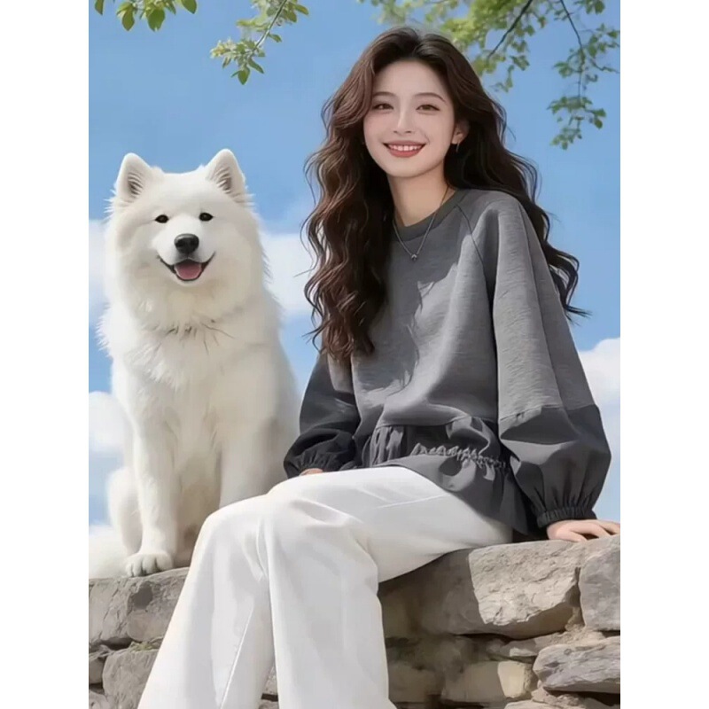 Ruffled, loose-fitting, round-neck, long-sleeved sweatshirt for women, autumn 2026 new collection, plus-size, flattering and stylish top