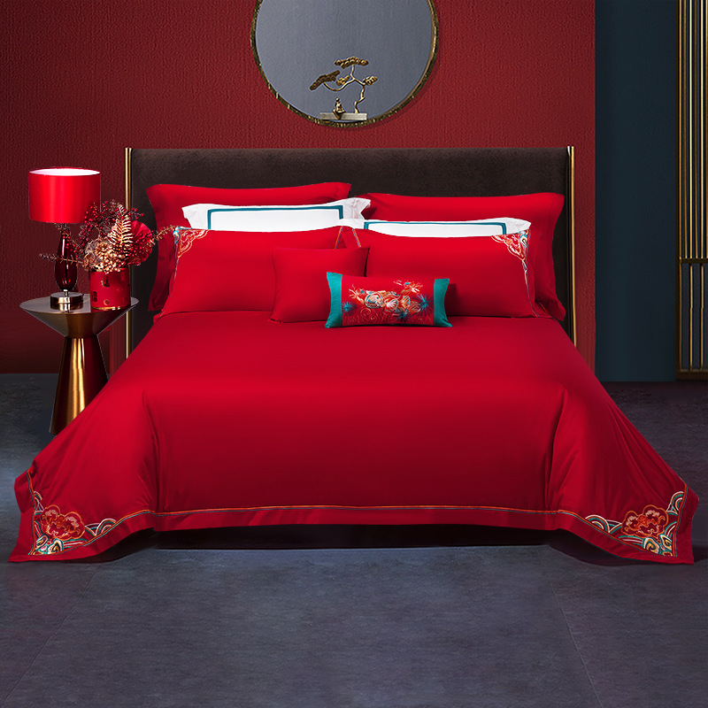富安娜大红婚庆六件套 全棉纯棉喜被结婚床上用品 高端陪嫁四件套
