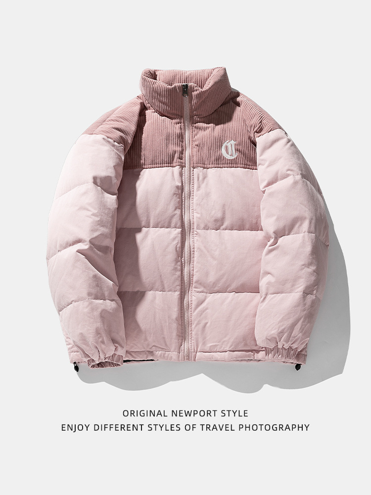 Chaqueta de pana con cuello alto y patchwork de algodón, chaqueta acolchada gruesa de invierno, chaqueta de algodón con bordado de letras de marca de moda para parejas