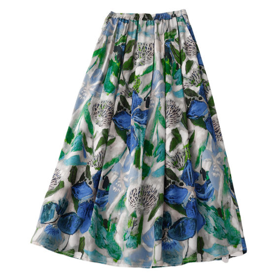 Japanese-Style Foreign Trade 2025 Spring/Summer New Flowing Printed Midi A-Line Skirt with Elastic Waist and Large Floral Pattern