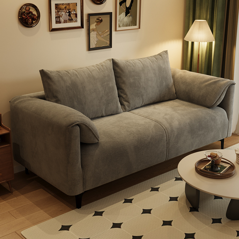 Corduroy Fabric Sofa for Small Living Room, Suitable for Rental Apartments, Available in Double or Triple Sizes, with Elephant Ear Design, Simple American-Style Straight Row