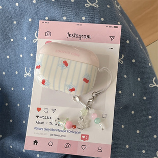 Simple Personality Blue Stripe Cherry Apple AirPods1/2 Bluetooth Headset Pro Protective Cover 3 Suitable Pendant for Women