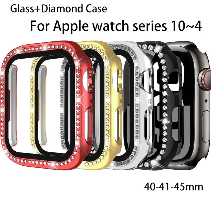 Suitable for Apple Shell iWatch Single Row Diamond Case + Tempered Film Integrated Shiny Bumper Protective Case Wholesale
