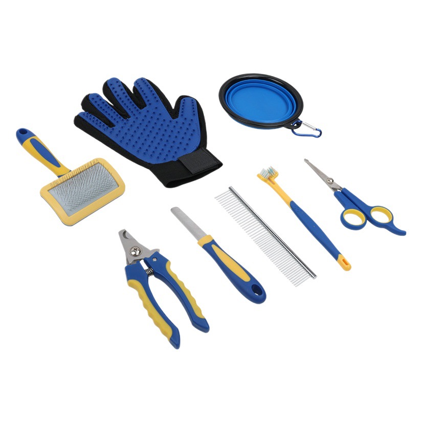 Suministros para mascotas nudo peine recto peine cortaúñas archivo cuchillo de corte de pelo decoloración peine limpieza traje de belleza conjunto de 8 piezas